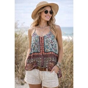 Blu Pepper Boho Scarf Print High Low Camisole Tank Top Wood Bead Straps M fairy